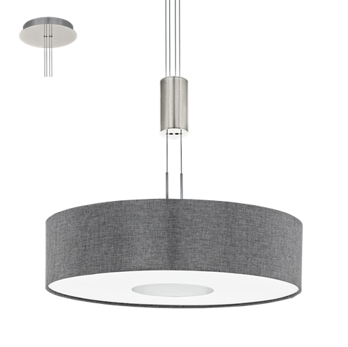 Romao LED hejse pendel i metal Satin Nikkel og Krom med lampeskærm i Grå tekstil, med Hejs 64-156 cm, 24W LED, diameter 53 cm, 